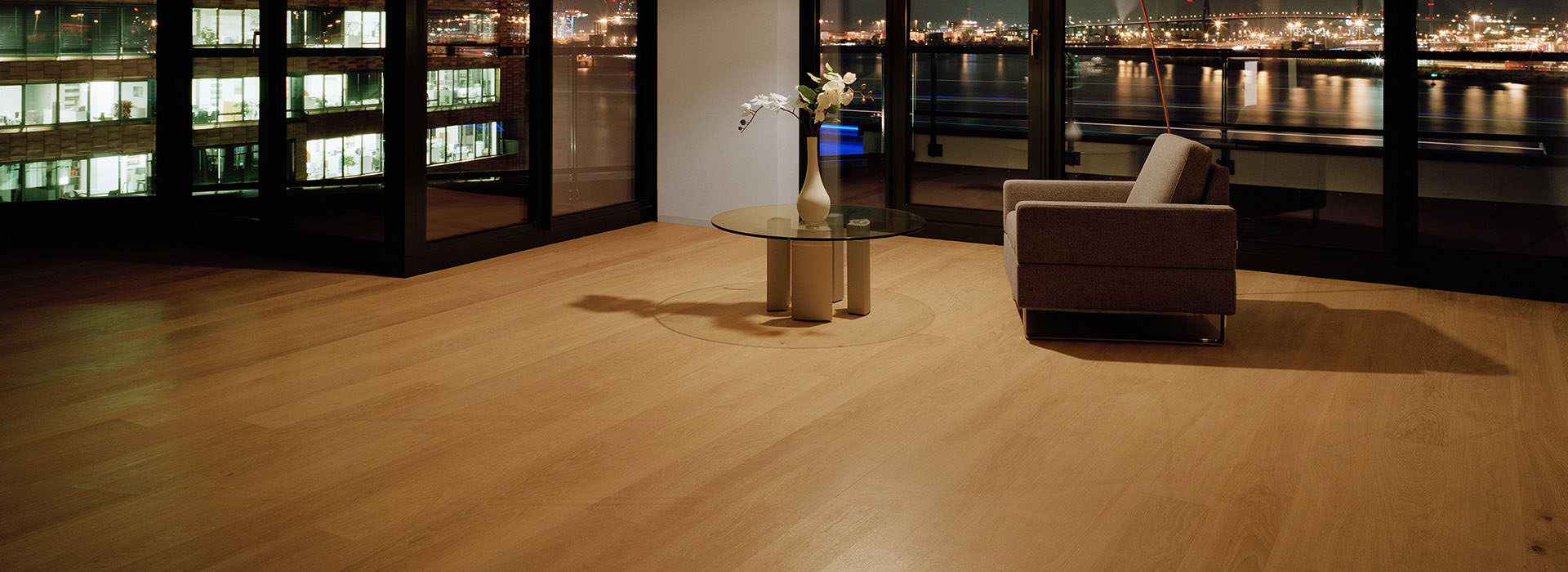 View out over the water, parquet underfoot