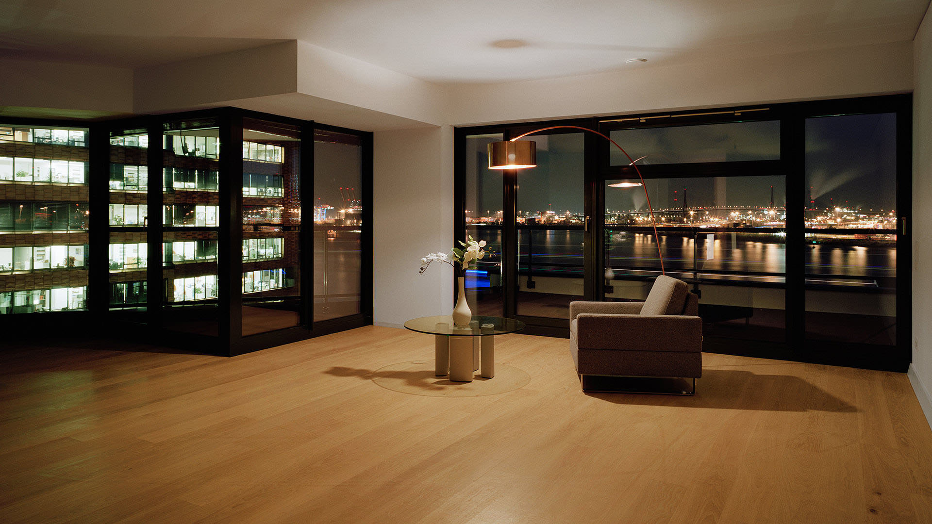 View out over the water, parquet underfoot