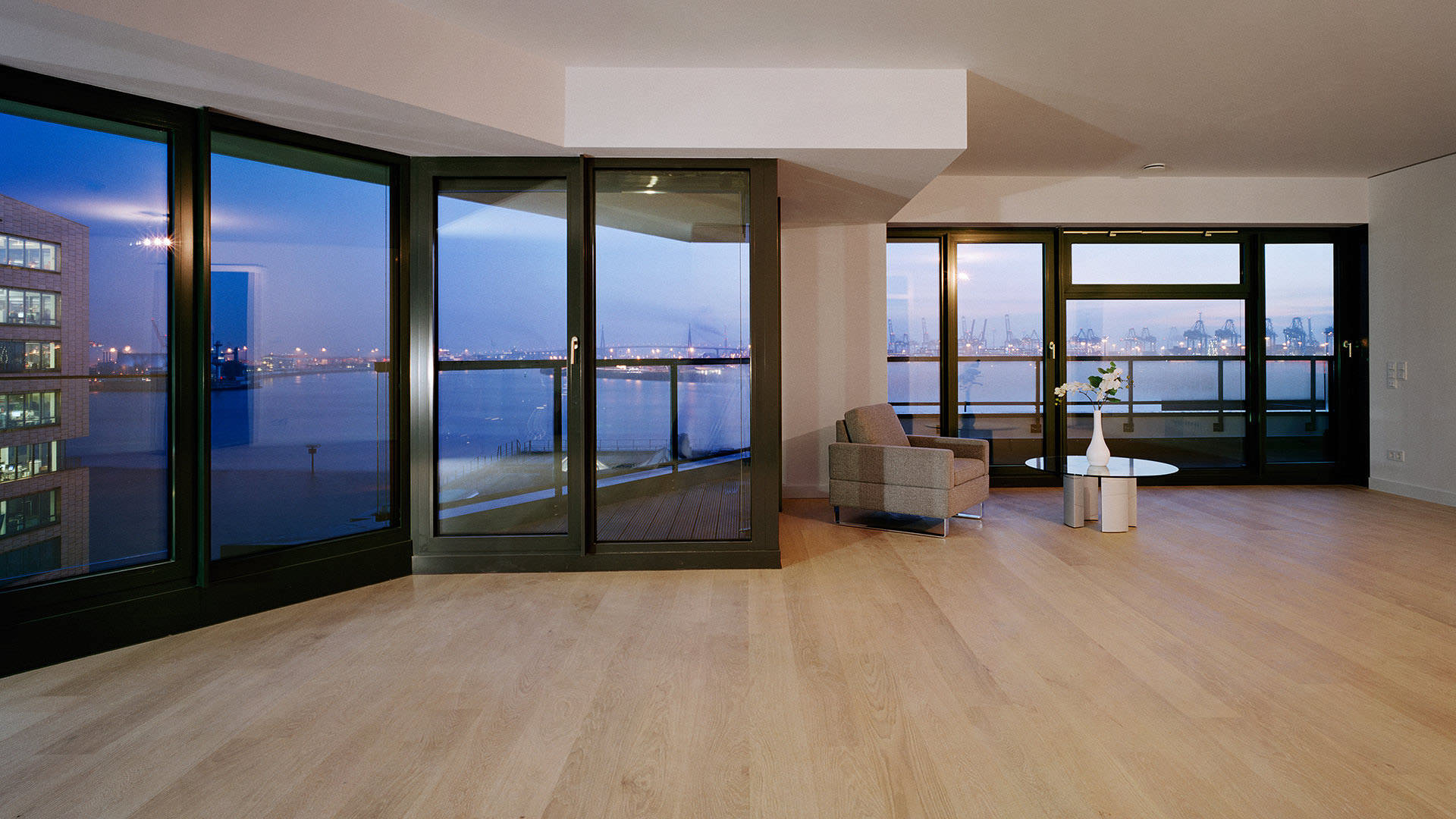 View out over the water, parquet underfoot